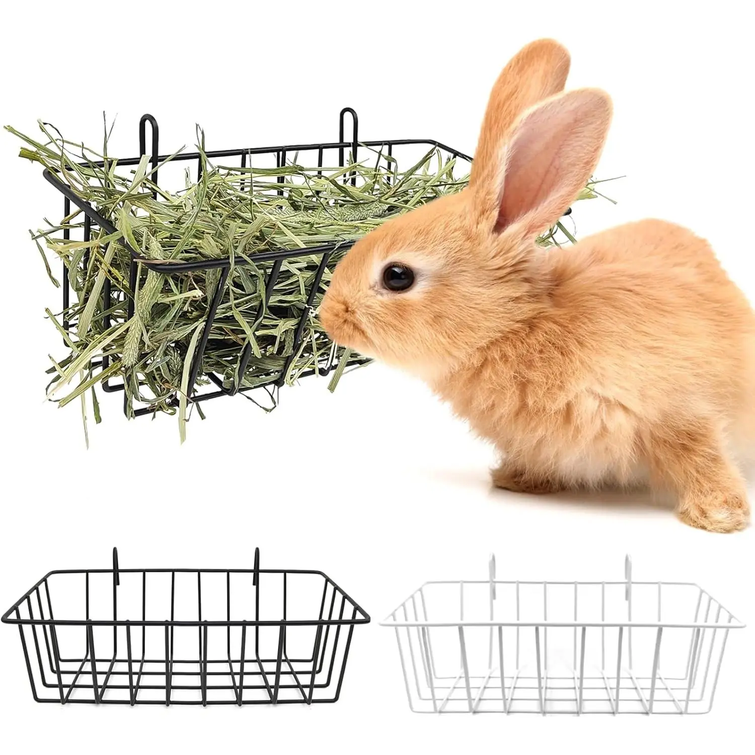 2Pcs Sturdy Metal Wire Rabbit Hay Feeder - Grid Design, Easy-to-Hang Hooks, Tightly Spaced Bars, Compatible with All Wire Cages, Small Animal Mess Control Feeding Tool (Bunny), Lift Hay Off Floor