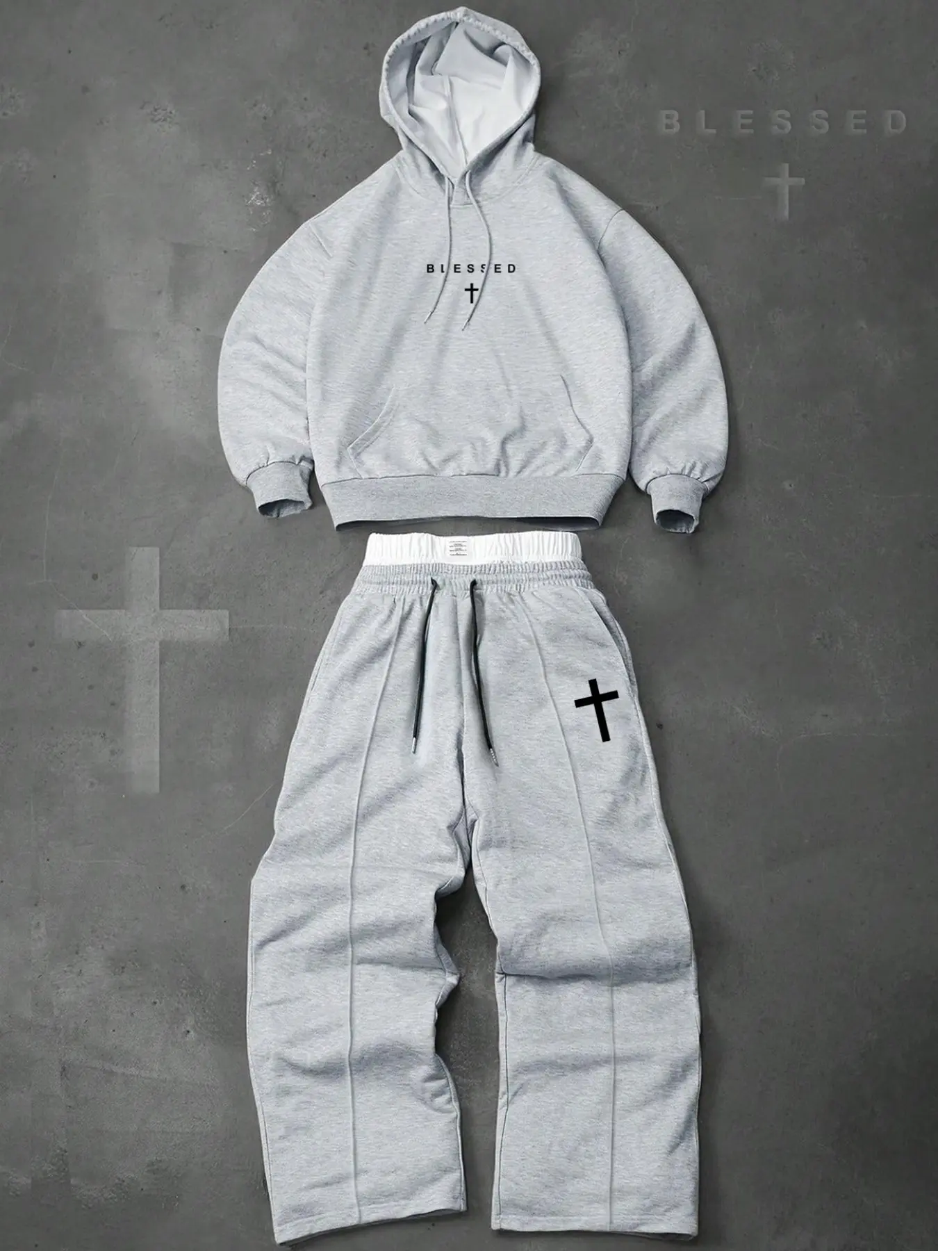 Men's two-piece tracksuit: a hooded sweatshirt and drawstring double-layered trousers, decorated with letter and cross print patterns, perfect for fall and winter wear, Letter Print Sweatsuit