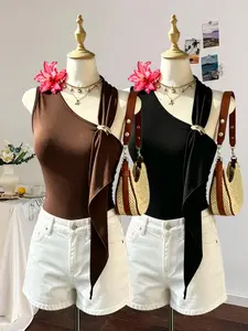 Asymmetrical Shoulder Tie Backless Top, Metal Button Scarf Design, Slim Fit Sleeveless Shirt, Two-Piece Set, Elegant Plain Style