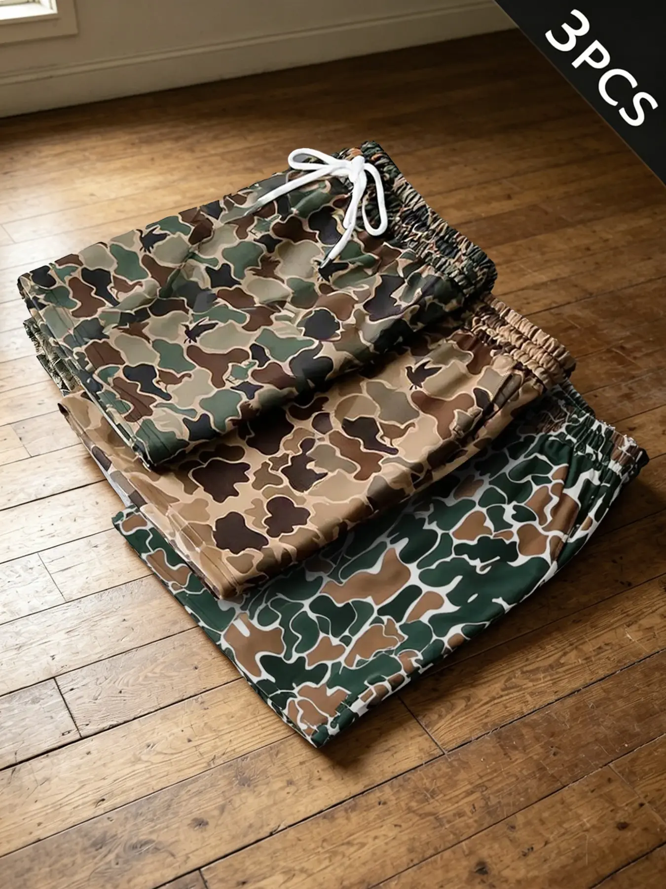 Men's 3-Pack Camouflage Shorts, Elastic Loose Shorts, Drawstring Waist, Summer Casual Pants, Ideal for Outdoor Beach Activities, Baggy, Loose-Fitting, All Seasons