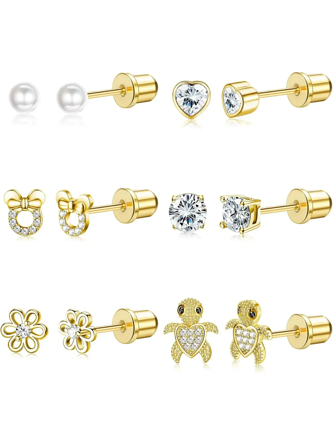 Hypoallergenic Toddler Earrings for Girls Screw Back Studs 20G | 6 Pairs Screw Back Stud Earrings, 20G 6mm Post, Stainless Steel, CZ Heart Flower Bow Turtle, Pearl Ball, Girls Kids
