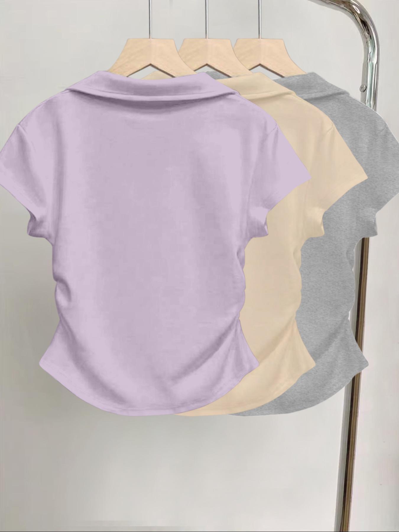 3pcs women's casual fashion butterfly pattern details simple solid color pleated polo collar pullover shirt women's short sleeved three piece T-shirt Polo Shirt Set