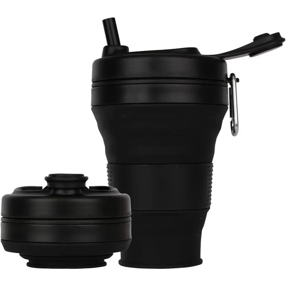 Coffee Cup with Straw lid Collapsible Cups for Traveling 20oz Lightweight Folding Water Mug for Picnic Hicking Camping Climbing (Black)