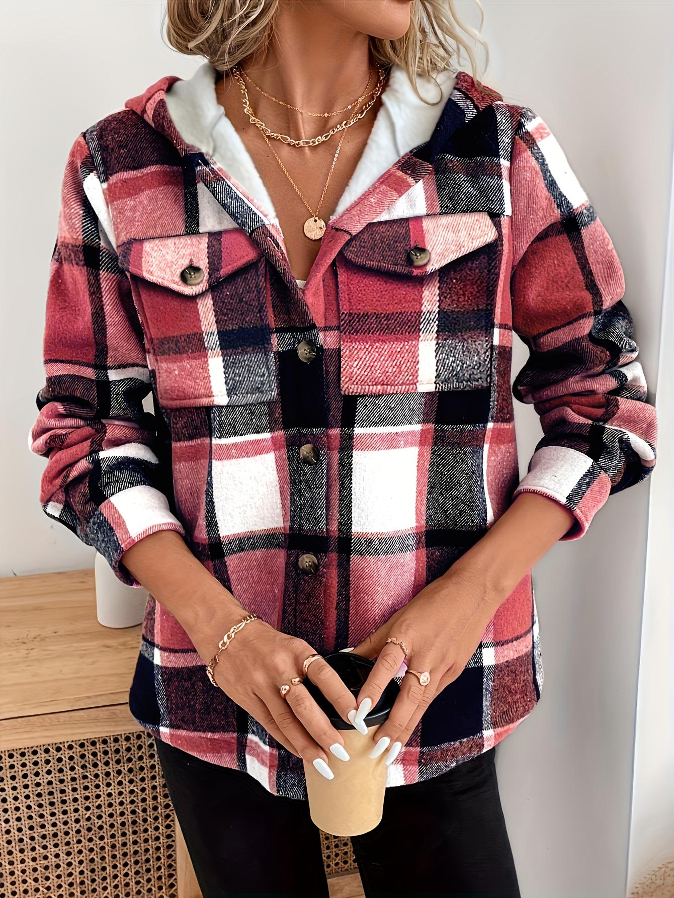 Women's Casual Plaid Hooded Jacket with Fleece Lining 100% Polyester Woven Shirt Button Detail All-Season Warmth Lightweight Outerwear Coats Fitted Khaki Long Sleeve Tops