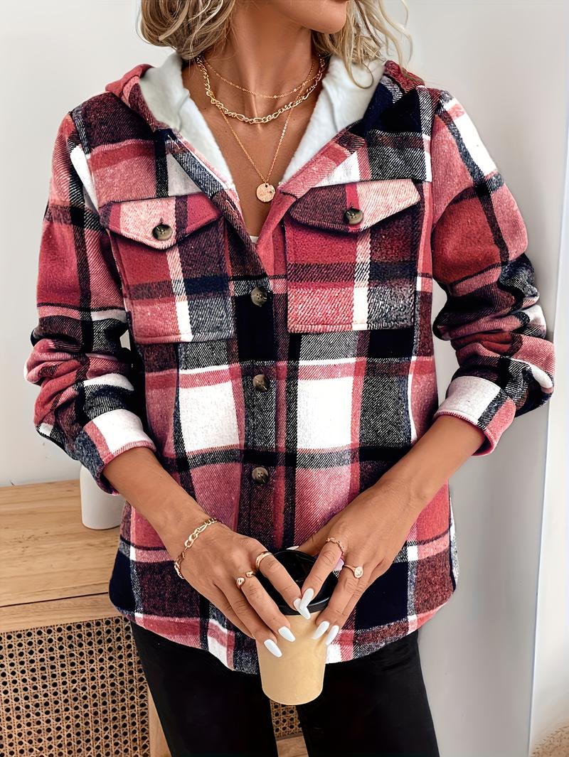 Women's Casual Plaid Hooded Jacket with Fleece Lining 100% Polyester Woven Shirt Button Detail All-Season Warmth Lightweight Outerwear Coats Fitted Khaki Long Sleeve Tops