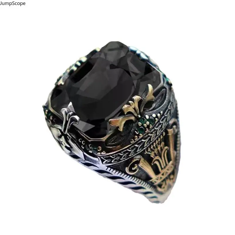 Men's Vintage Statement Ring in MDF and Steel, Featuring Filigree Carved Details and a Large Gemstone Center for Business Banquets, Statement Rings, Male, Mdf+Steel, Party, Round, Elegant, Retro, No, Unisex, Photoshoot