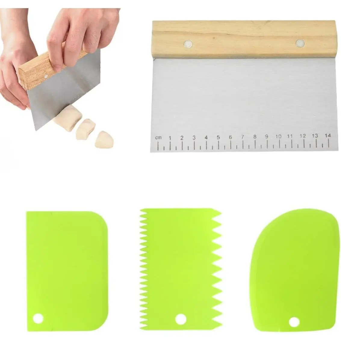 4 count Bench Scraper, Scraper  Tool,Dough Scraper and Pastry  With Scale,  Baking Supplies Kitchen Gadgets (Green)