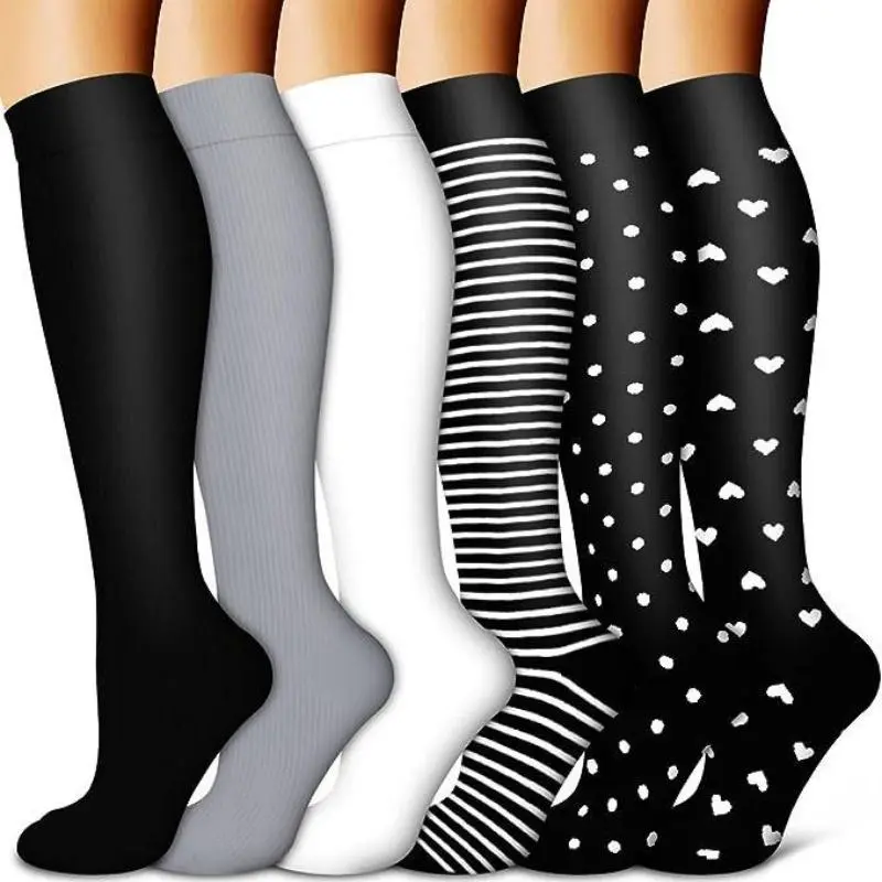 Women's Compression Socks (Multi-Size, 6-Pack) - Nylon Fabric, Soft-Stretch Lightweight Long Socks, Cute Graphic & Heart Pattern Mix, Breathable Moisture-Wicking, Calf Support, Eases Muscle Fatigue for Workout, Daily Wear.., Compression Socks Women, Do No