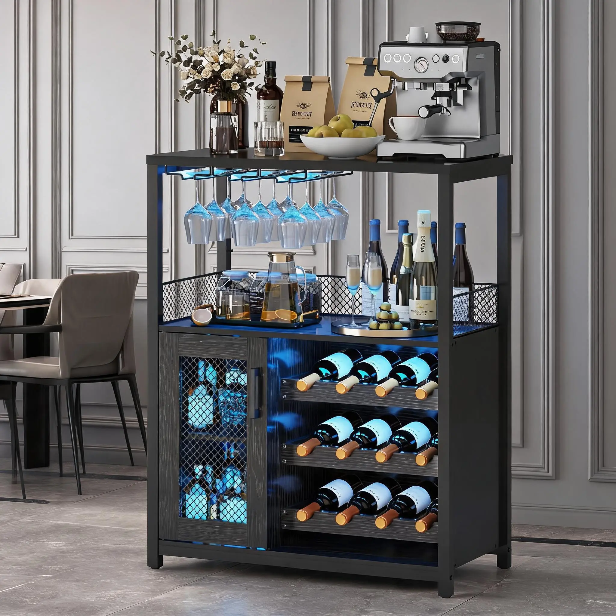 Wine Bar Cabinet with Wine Rack and Glass Holder, Modern Liquor Cabinet with Mesh Door, Coffee Bar Kitchen Buffet Sideboard for Living Room, Kitchen, Dining Room