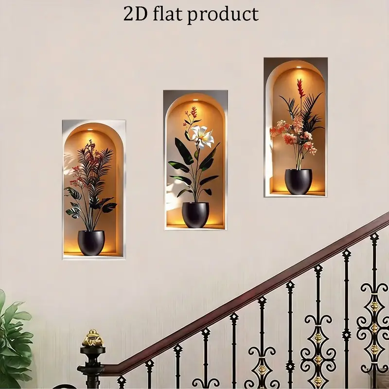 Elegant Tropical Plant Niche Wall Stickers, Decorative Sticker, Home Decor, Wall Art Stickers, Floral Wall Decals, Arch Display Window Theme Exotic Leaf Floral Fake Window Scene, Removable Self-Adhesive PVC Wallpaper, Sticker Decorations, Wall Decal
