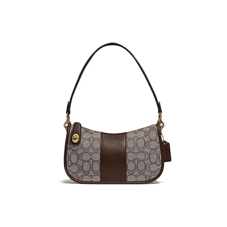 Coach Swinger Crossbody Bag for Women – Vintage-Style Signature Turn-Lock Closure, Jacquard-and-Leather Design, Brown