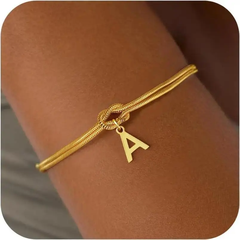 Titanium Steel Initial Bracelets for Women Men - 18K Gold Plated Knot Initial Bracelet Couple Gifts Trendy Stuff Gold Bracelets