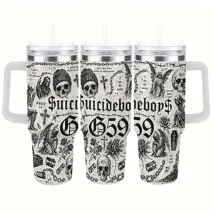 G59 Gothic Skull Grim Reaper Stainless Steel 40oz Tumbler ,Vintage Black White Skeleton Angel Barbed Wire Chain Rose Coffin Horror Art Printed Travel Cup,Underground Hip Hop Rap Band Dark Grunge Aesthetic Portable Drinkware
