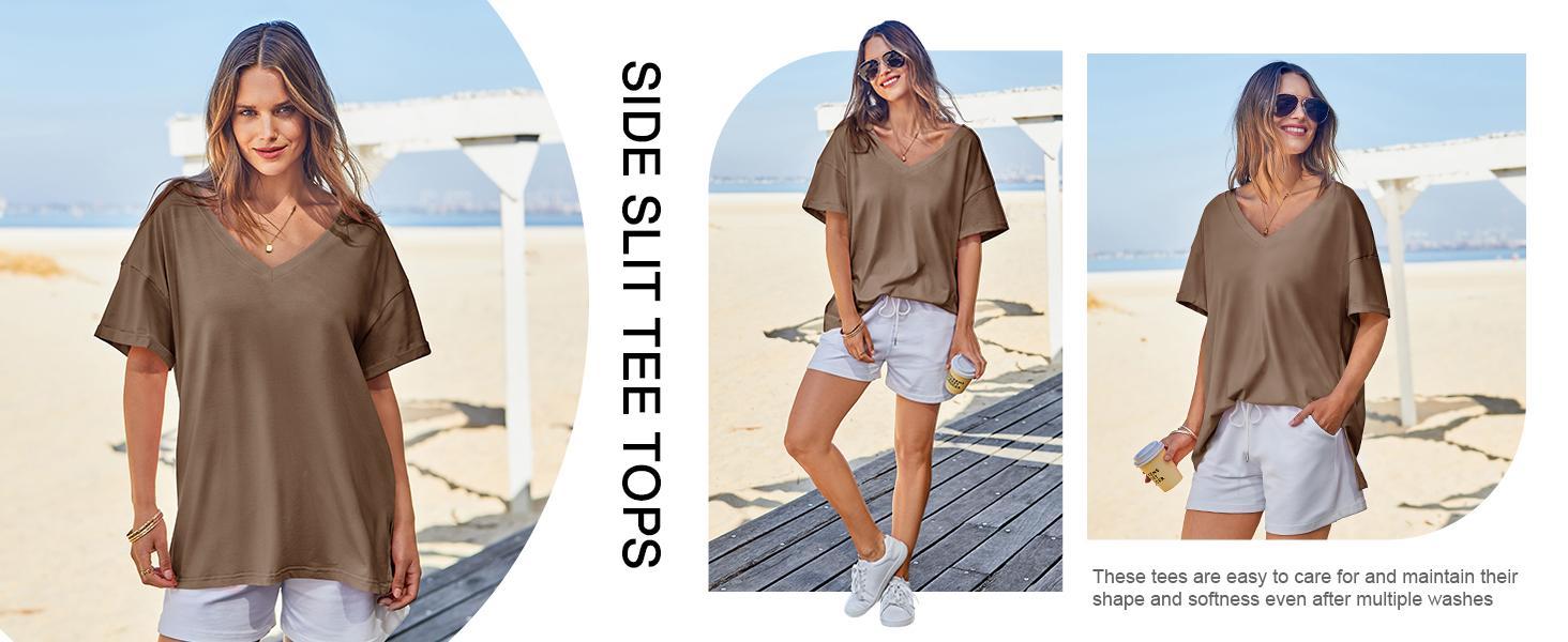 Imily Bela Womens Oversized Tshirts V Neck Short Sleeve Tops Summer Casual Loose Fit Tunic Tee Shirts