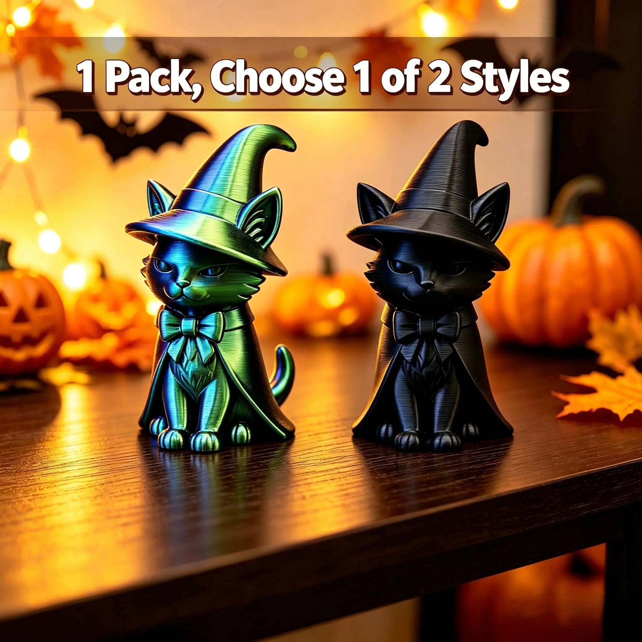 Halloween Wizard Cat Statue Ornament, Pure, Gold Blue Gradient, Two Sizes Available, Home Desktop Decor, Party Indoor Outdoor Decoration