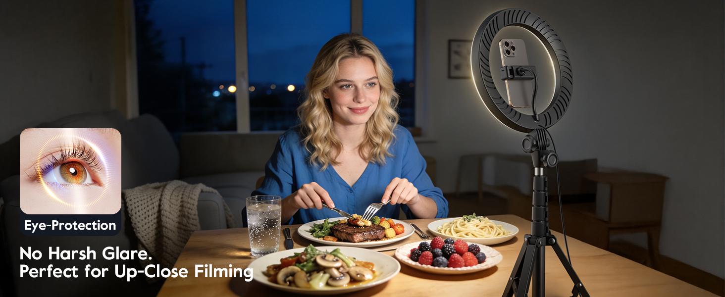 Tripod for iPhone with Light & Phone Holder - 10.5'' Ring Light with Stand - Second Arm with Overhead Phone, Fast-Adjust Bamboo-Flex Stand & Remote for Content Creators, Video Recording