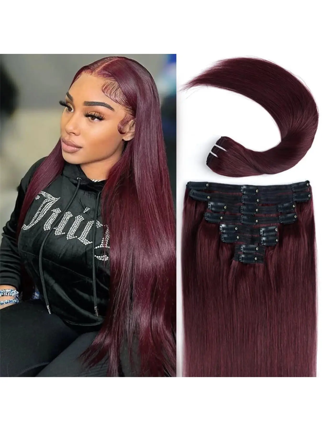 Burgundy 99J Straight Clip In Human Hair Extensions for Women 14–28 Inch 110g–130g Full Head Double Weft Hair Extensions 8 PCS with 18 Clips Soft Natural Volume