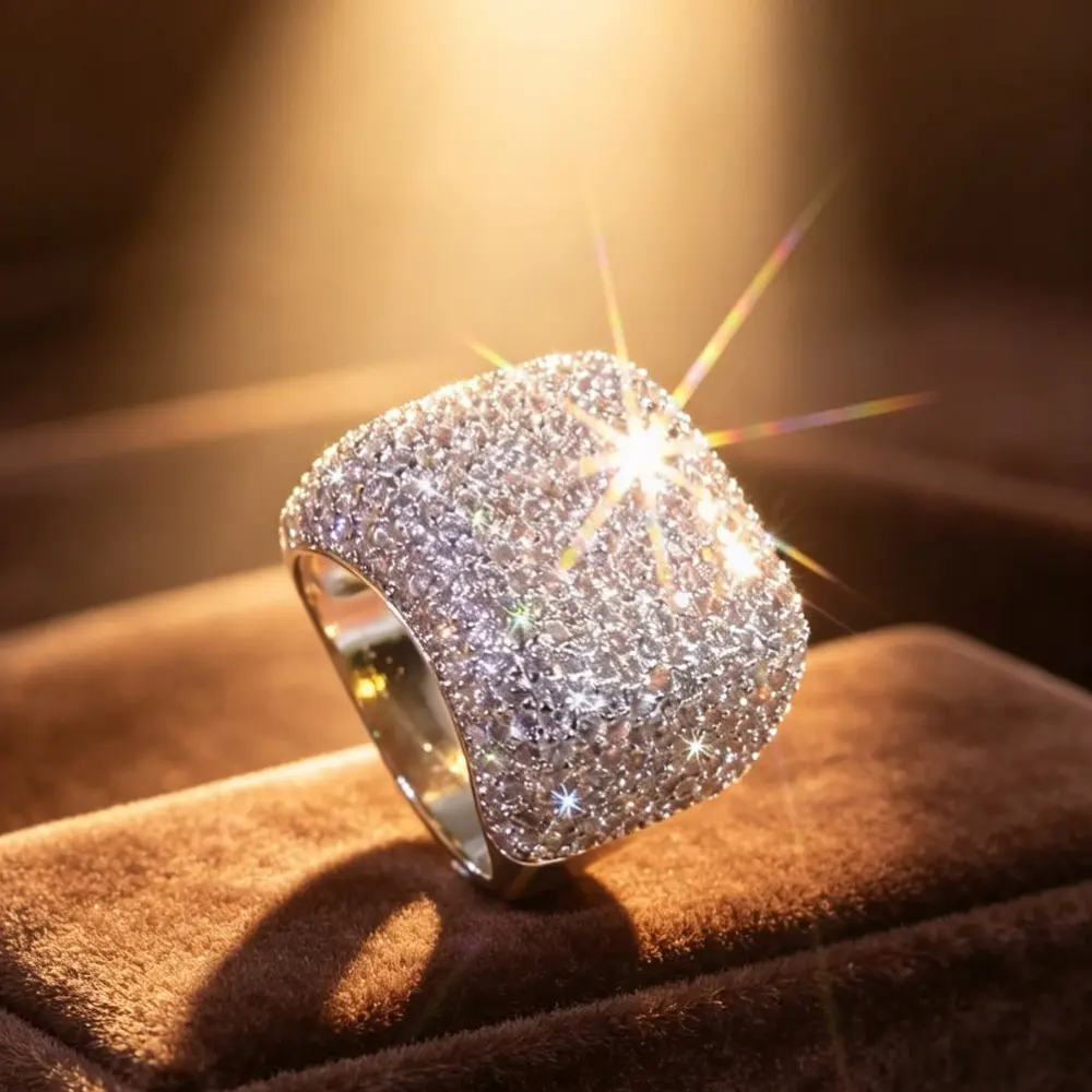 Full Pave Cushion Wide Band Statement Ring, Dense Micro Pave Stone Cocktail Ring, Glam Party Costume Jewelry for Women
