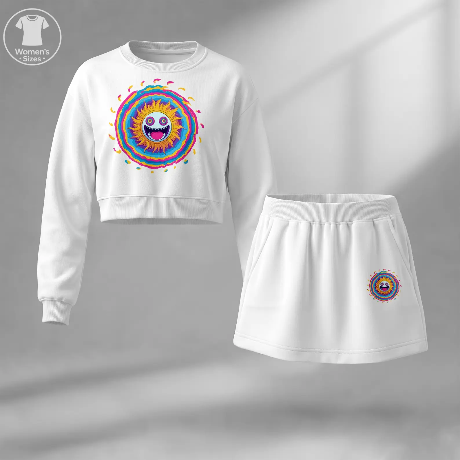 Women’s Colorful Sun Graphic Cropped Sweatshirt Skirt Set, Featuring Cute Smiley Sun Print and Bright Rainbow Inspired Artwork. Trendy Two Piece Outfit with Long Sleeve Crop Top and Mini Skirt, Perfect for Y2K Style