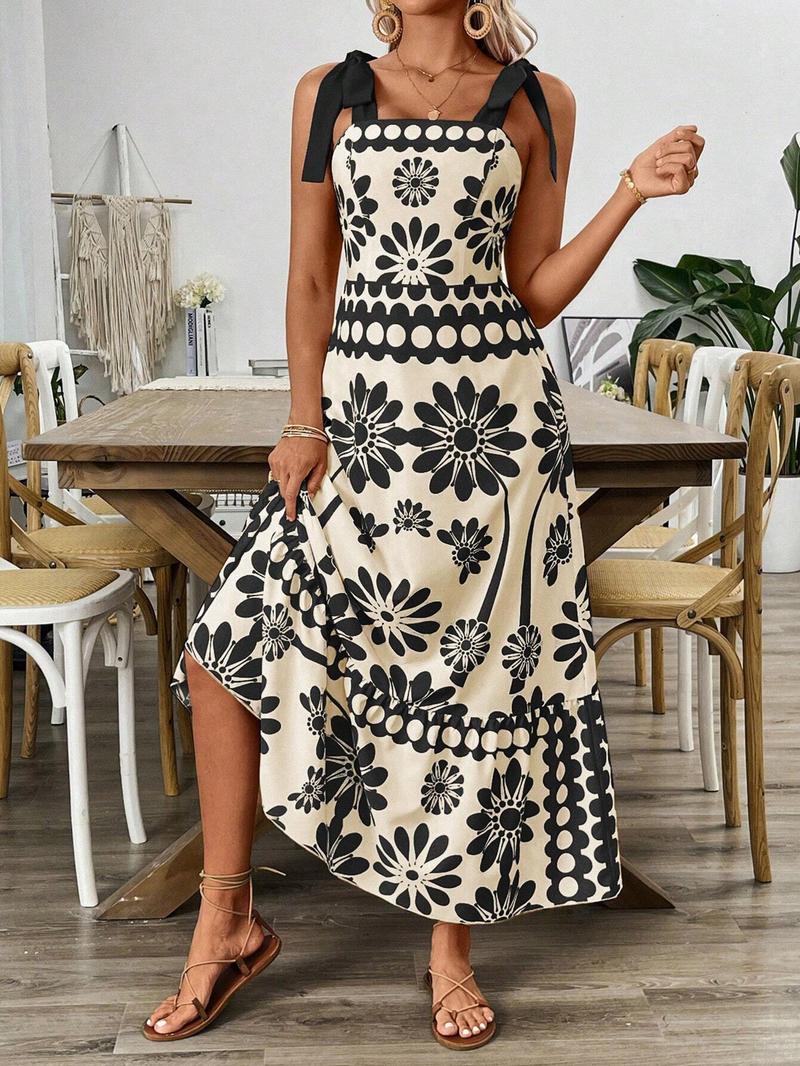 Women's Floral Print Tie Shoulder Dress, Casual Bohemian Sleeveless, Boho Sleeveless Dress for Beach Holiday Vacation, Ladies Summer Clothes