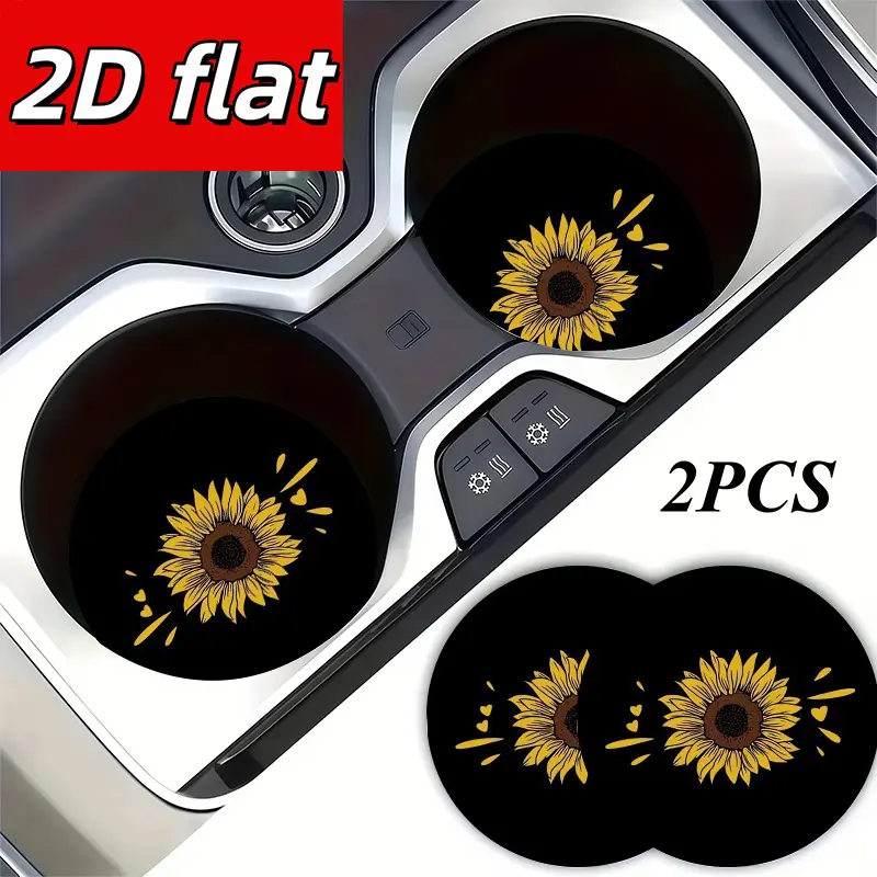 2D Flat,2pcs Sunflower Heart Print Car Cup Holder Coaster Mats,party Favors, Holiday Gifts Universal Car Interior Accessory, Ideal Gift for Both Men and Women, Suitable for Car Enthusiasts., 2D Flat