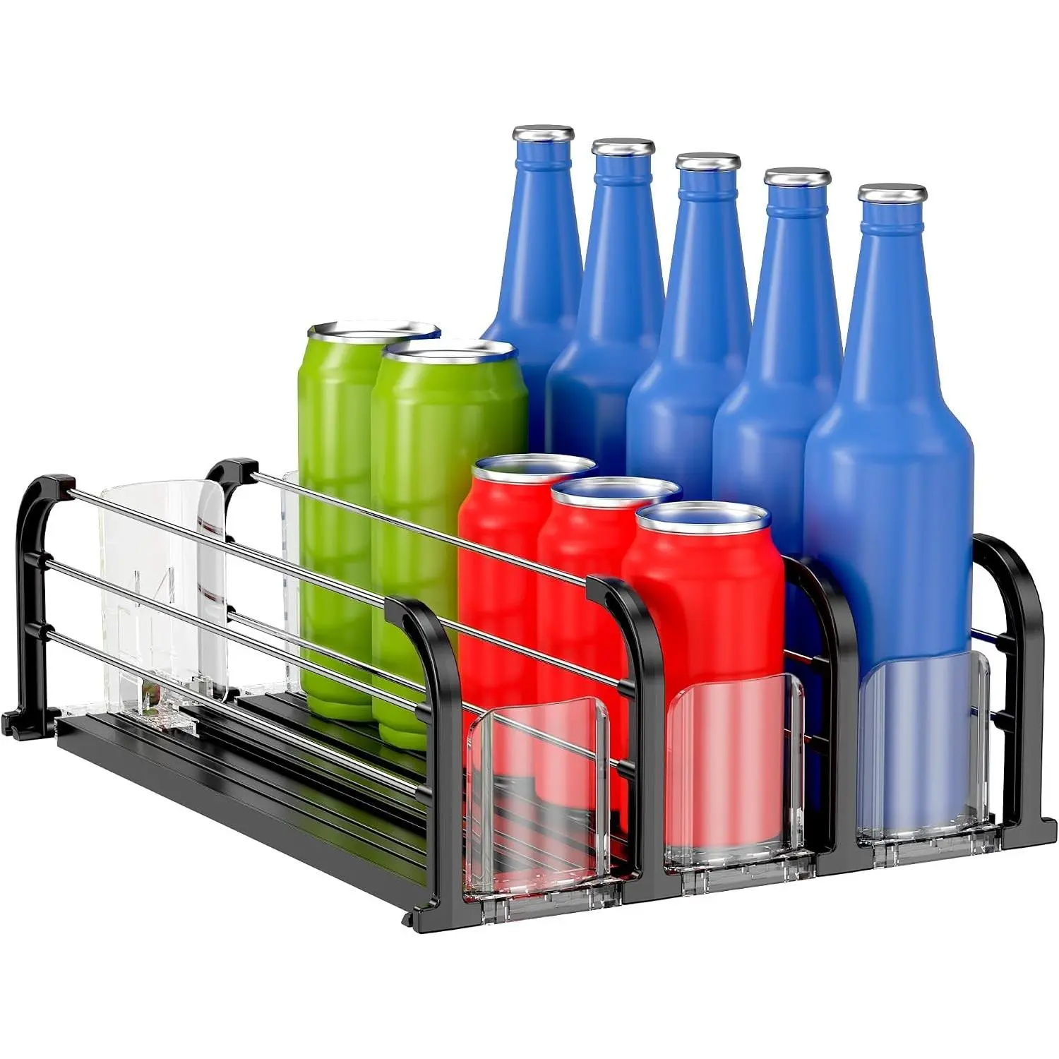 Fridge Drink Organizer, Soda Can Dispenser Black, 3 Rows | Self-pushing glide, for soda, beer, seltzer, pantry, cooler, kitchen, black, fits standard cans, space-saving