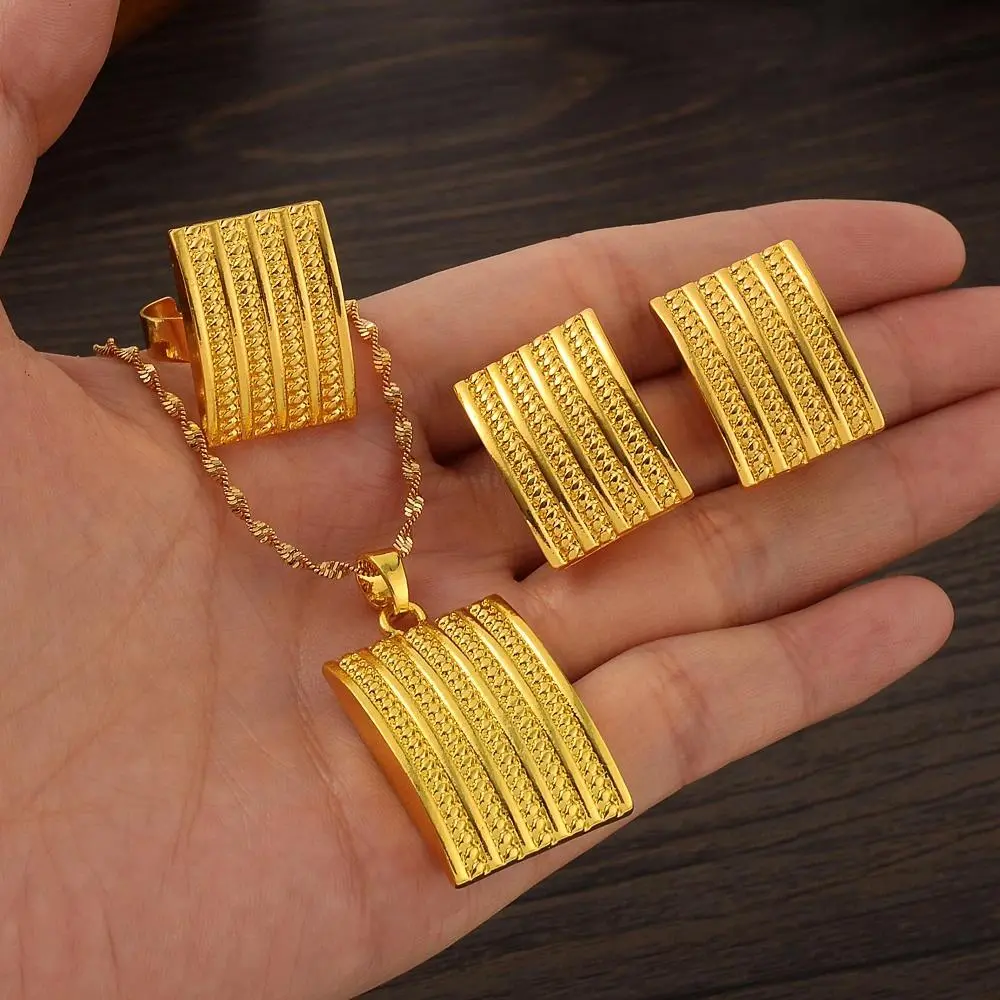 Ethnic Wear 3-Style Gold Color Ethiopian Habesha Jewelry Set, Chain Pendant, Earrings, Eritrea-Inspired Artificial Gemstone Accessories, All Seasons
