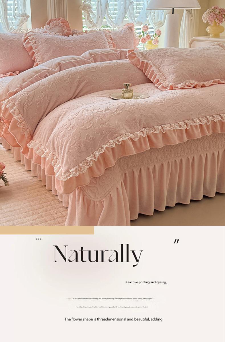 Korean-style French lace thickened milk velvet four-piece set with double-sided baby velvet and coral velvet duvet cover and quilted bed skirt