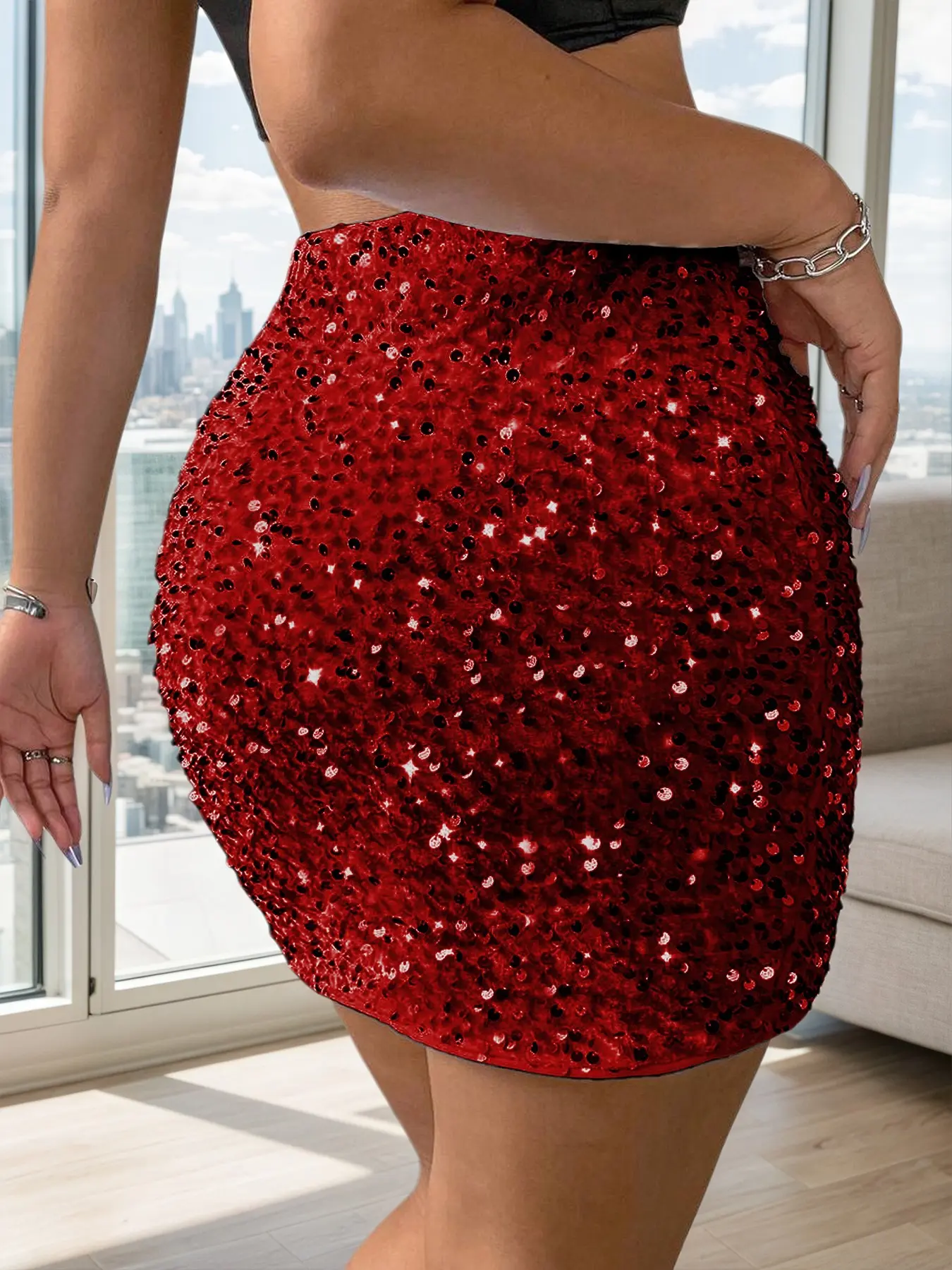High-Waisted Split Thigh Sequin Mini Skirt, Party Dress for Women, Bodycon Midi Skirt, Sexy Evening Gown, Perfect for Parties