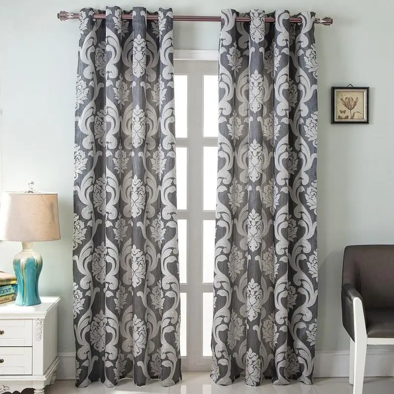Modern Damask Jacquard Textured Curtains - 2-Piece European Scroll Floral Semi-Blackout Grommet Top Drapes, Light Filter for Living Room, Machine Wash Household Textiles