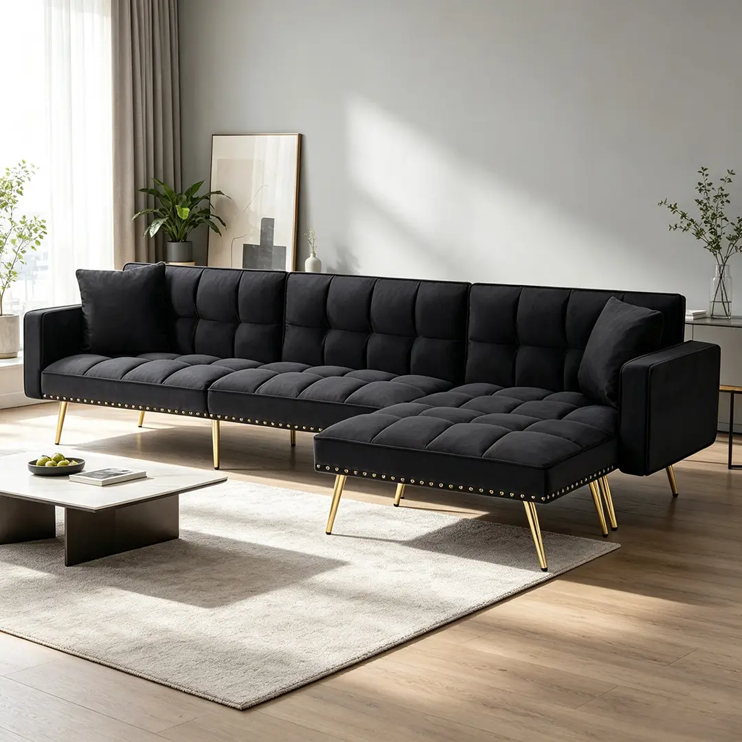107″ Foldable Velvet Couch Bed with Adjustable Recliner, Black | Breathable Fabric Futon Couch with Pillows,Multi-angle Ergonomic Reclining,Space-saving Sleeper Sofa for Living Room