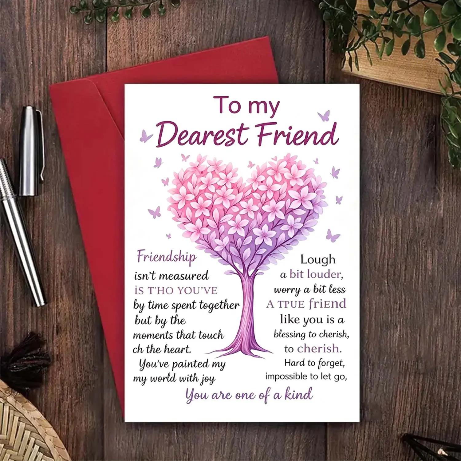 2Pcs Friendship Greeting Card Set - 1 Card with Heart-Shaped Rose Motif, 1 Red Envelope, Butterfly Patterns, Warm Wishes for Dearest Friends, Festive Occasions, Heart-Shaped Rose Motif Greeting Cards