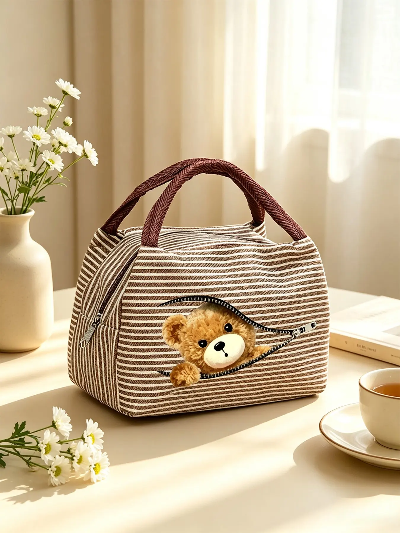 Creative Zipper Bear Lunch Bag, Insulated Meal Pouch, Thick Striped Handle, Large Capacity, Outdoor Picnic, Multiple Colors Available