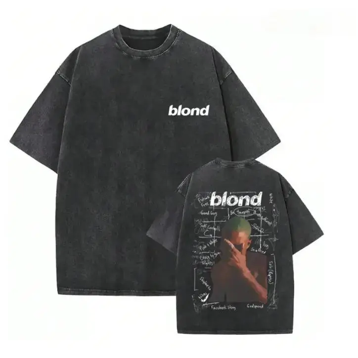 Oversized Retro Washed T-Shirt, Double-Sided Print with "Blond" Text & Frank Ocean Album Cover Graphic, Unisex Casual Streetwear Tee for Men Women, Perfect for Outdoor & Daily Wear