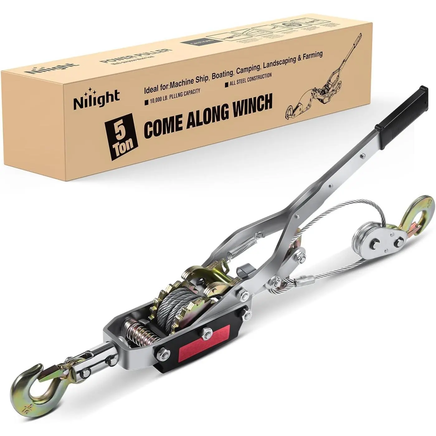 Nilight Come Along Winch 5 Ton /10,000 Lbs Heavy Duty Come Along Cable Puller Hand Winch Tool with 10 Ft Rope Double Gear 3 Hook for Lifting Pulling Road   Recovery Automotive Hoist Winch Puller