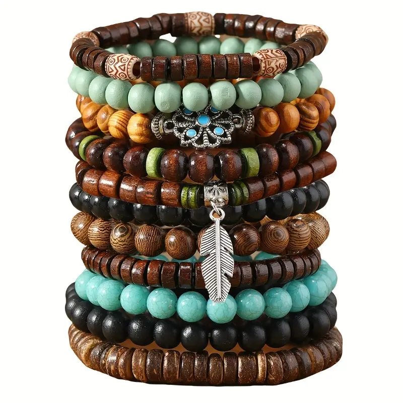 11Pcs Bohemian Style Fashion Wood Bead Small Flower Leaf Couple Bangle Bracelet Christmas Gift Halloween Gift New Year Gift