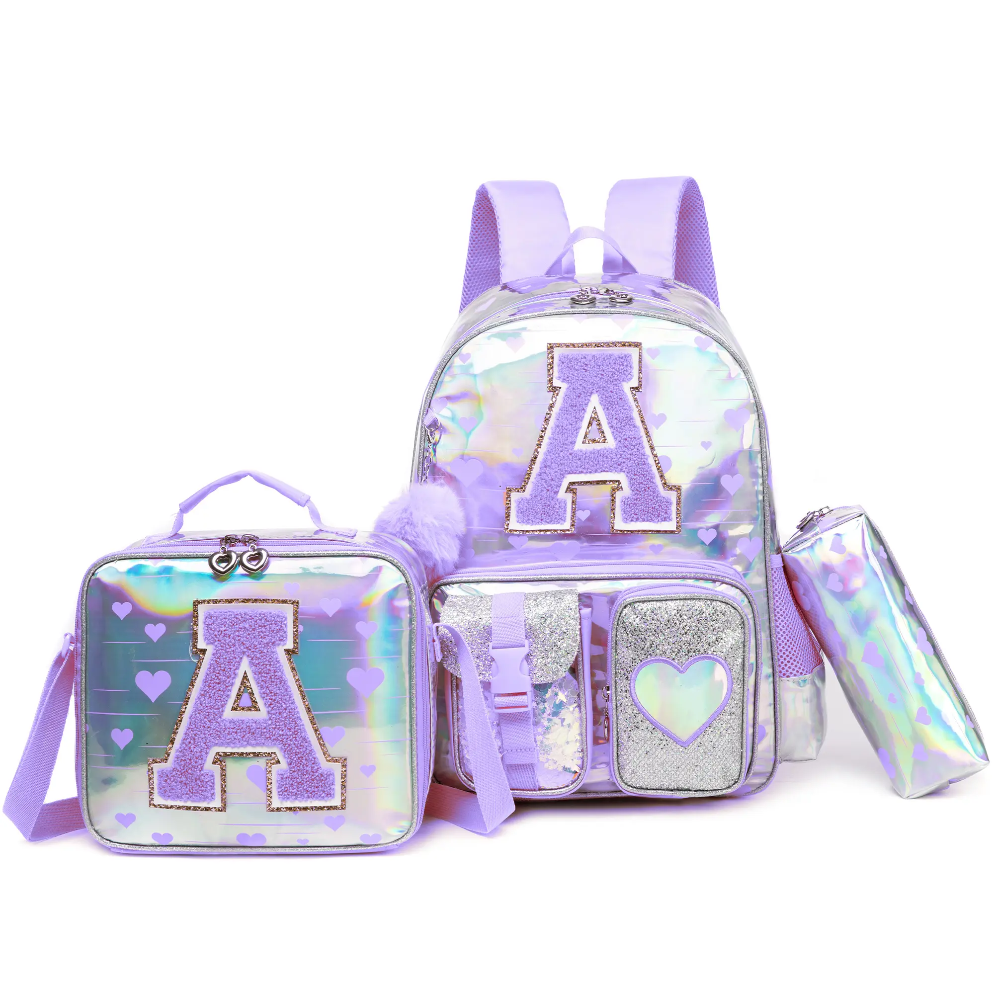 Purple Letter A Initial Backpack 3pcs Set for Girls | Lavender Holographic Hearts School Bag with Lunch Box & Pencil Case | Preppy Chenille Patch Kids Bookbag 2026