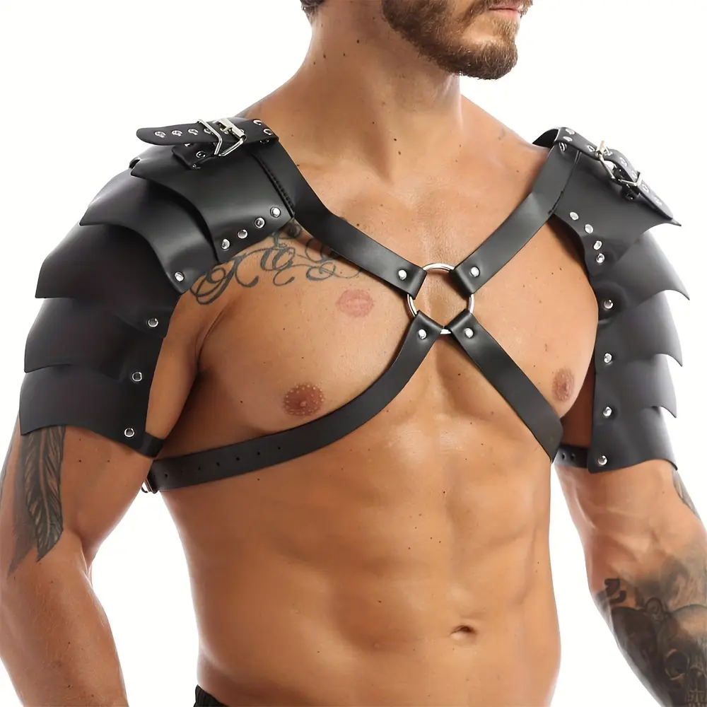 [Halloween] Medieval Viking Knight Faux Leather Adjustable X-Shaped Chest Harness, LARP Shoulder Armor, Ren Faire Cosplay Party Costume Accessory