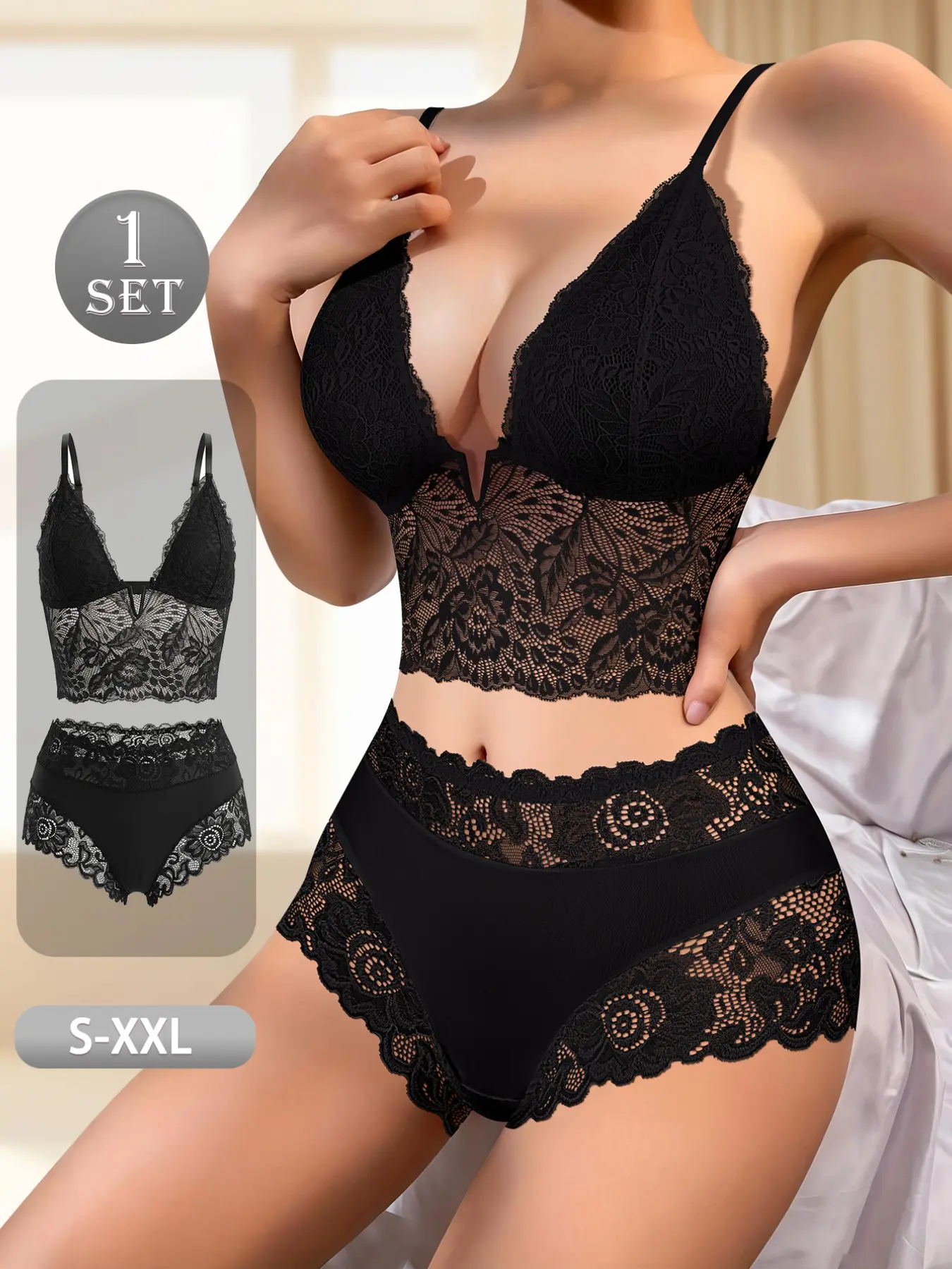 Quasti Floral Lace Lingerie Set, V-Neck Longline Wireless Bra, Adjustable Straps, Mid Rise Hipster Underwear, Stretchy Breathable, S-Xxl