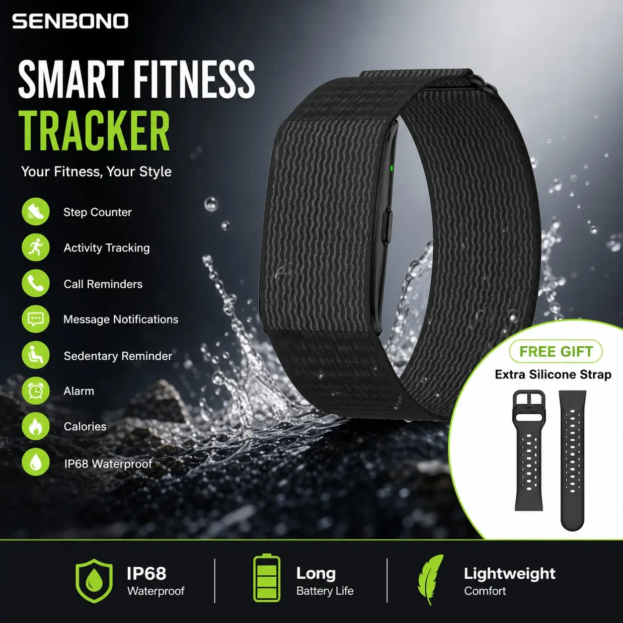 SENBONO Smart Bracelet Fitness Health Smart Watch, Running Cycling Swimming Yoga Strength Training Smart Watch for Men Women, 100+ Sport Modes, Message Alerts, Alarm, Sedentary Reminder, Waterproof Sport Smartwatch