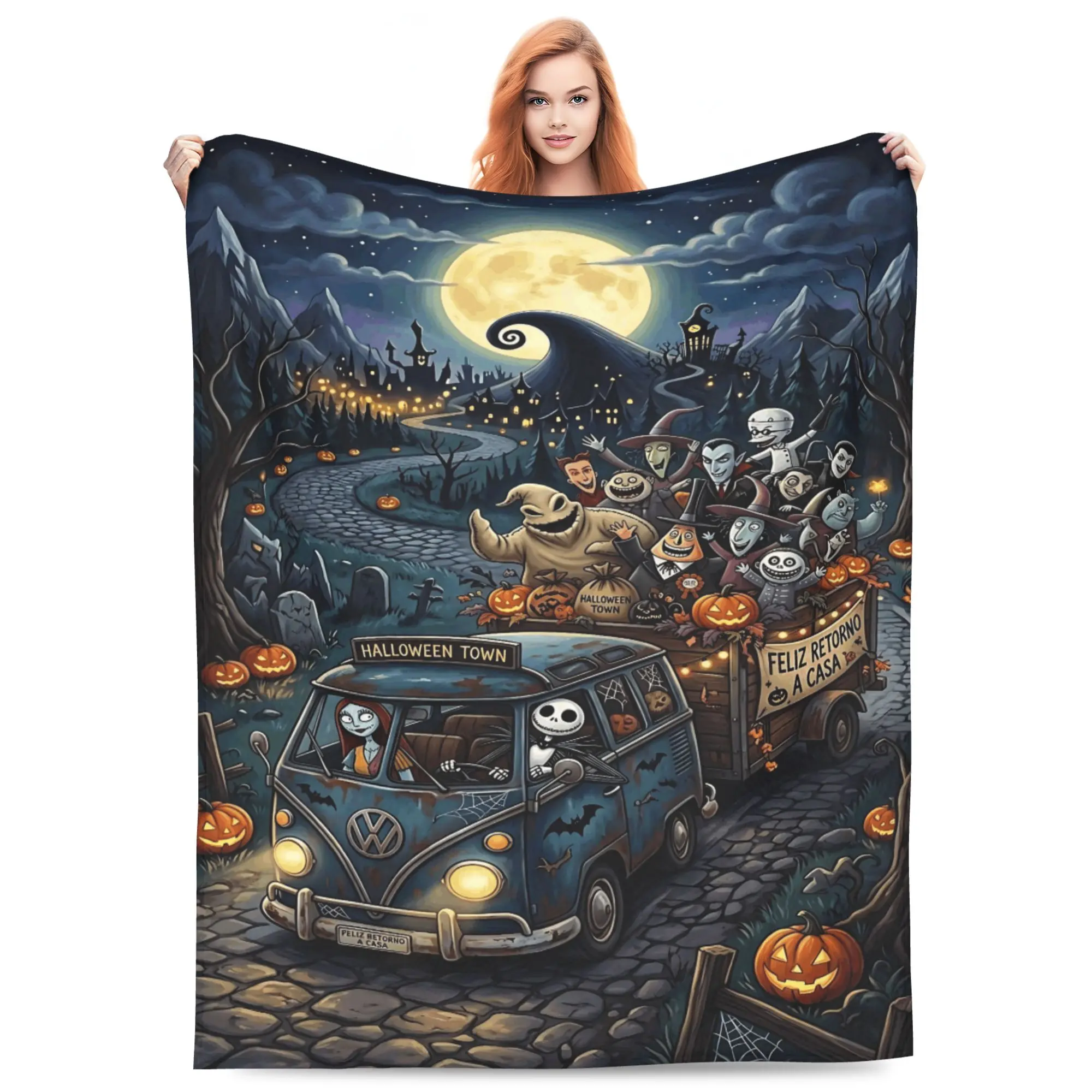 DISNEY CLASSIC The Nightmare Before Christmas Throw Blanket, Halloween Town Vintage Van Jack Sally Full Moon Pumpkin Pattern, Soft Flannel Lightweight Blanket for Sofa Bed Halloween Decor