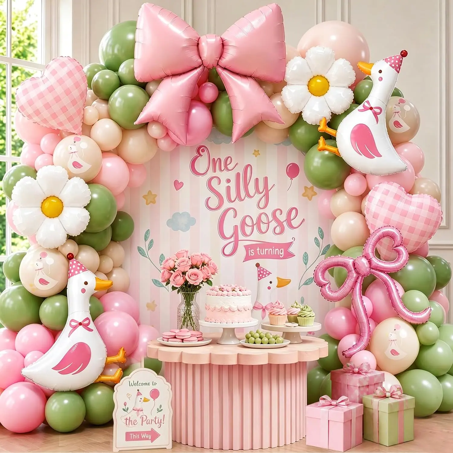 Silly Goose Balloon Arch Kit - Daisy Pastel Pink, Sage Green Latex & Foil Garland with Goose, Pink Gingham Heart, Bow Accents, Tape, Varied Sizes for Girls' Happy Birthday, Baby Shower Vintage Party Decor
