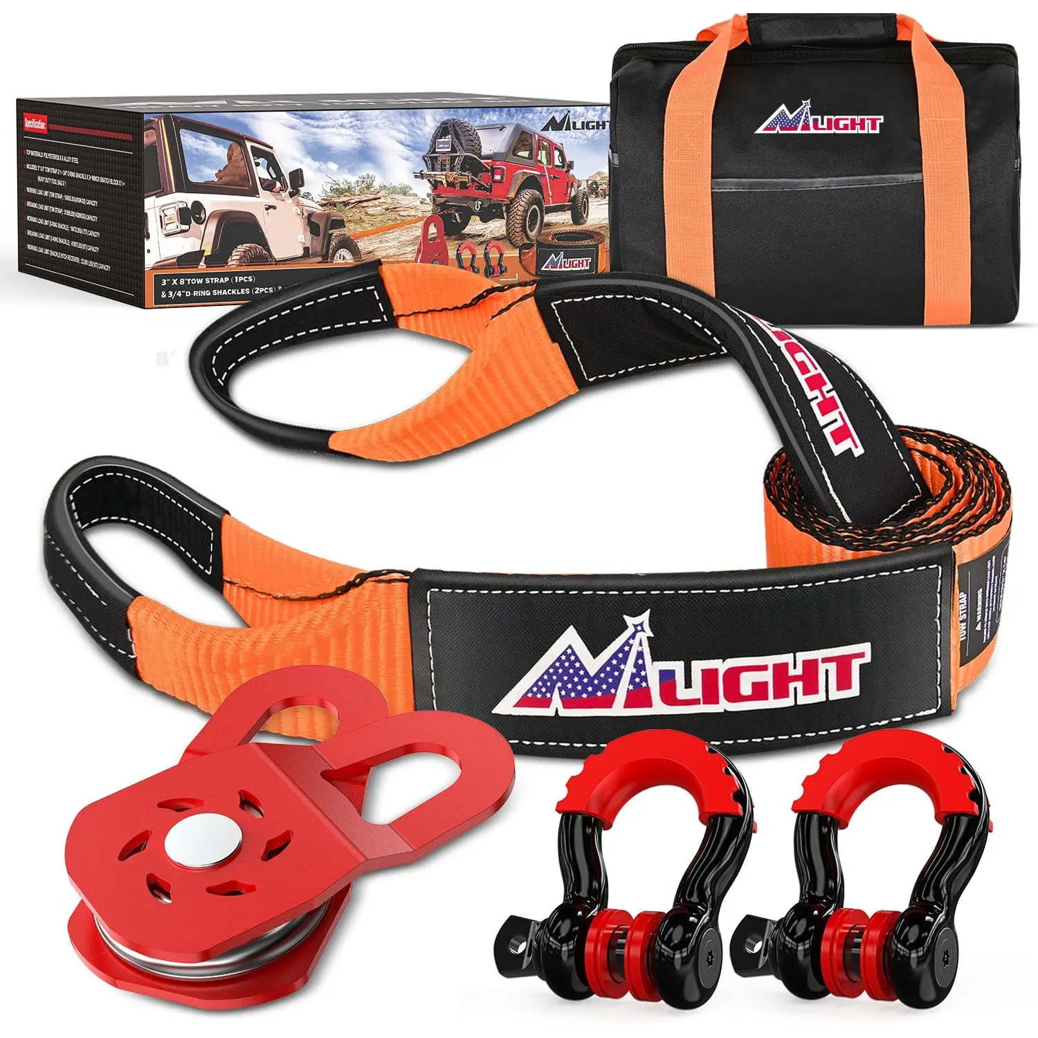 Nilight 3x8 Inch Tow Strap Kit with 20 Inches Winch Snatch Block Pulley, 31500lbs D-Ring Shackles, Anti-Theft Design for Driving Contingencies