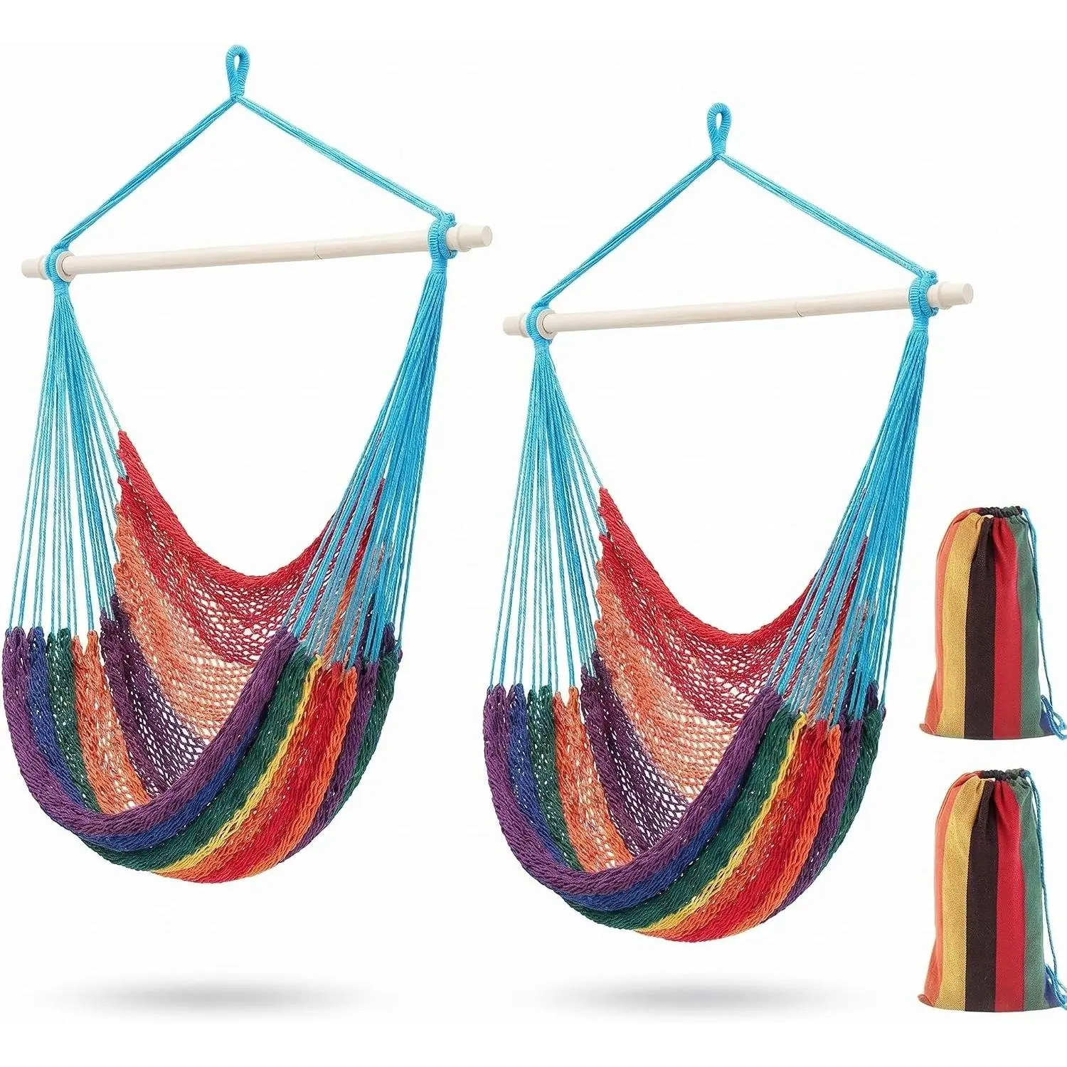 2 Pcs Hanging Hammock Chair Boho Swing Chair Outdoor Indoor Comfy Soft Cotton Rope Weaving with 40 Inch Detachable Metal Bars for Backyard Living Room Garden, 270lb Capacity (Rainbow Color)