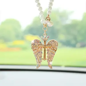 Gold Angel Wings Cross Pendant, Christian Rearview Mirror Car Charm, Faith-Based Auto Decoration
