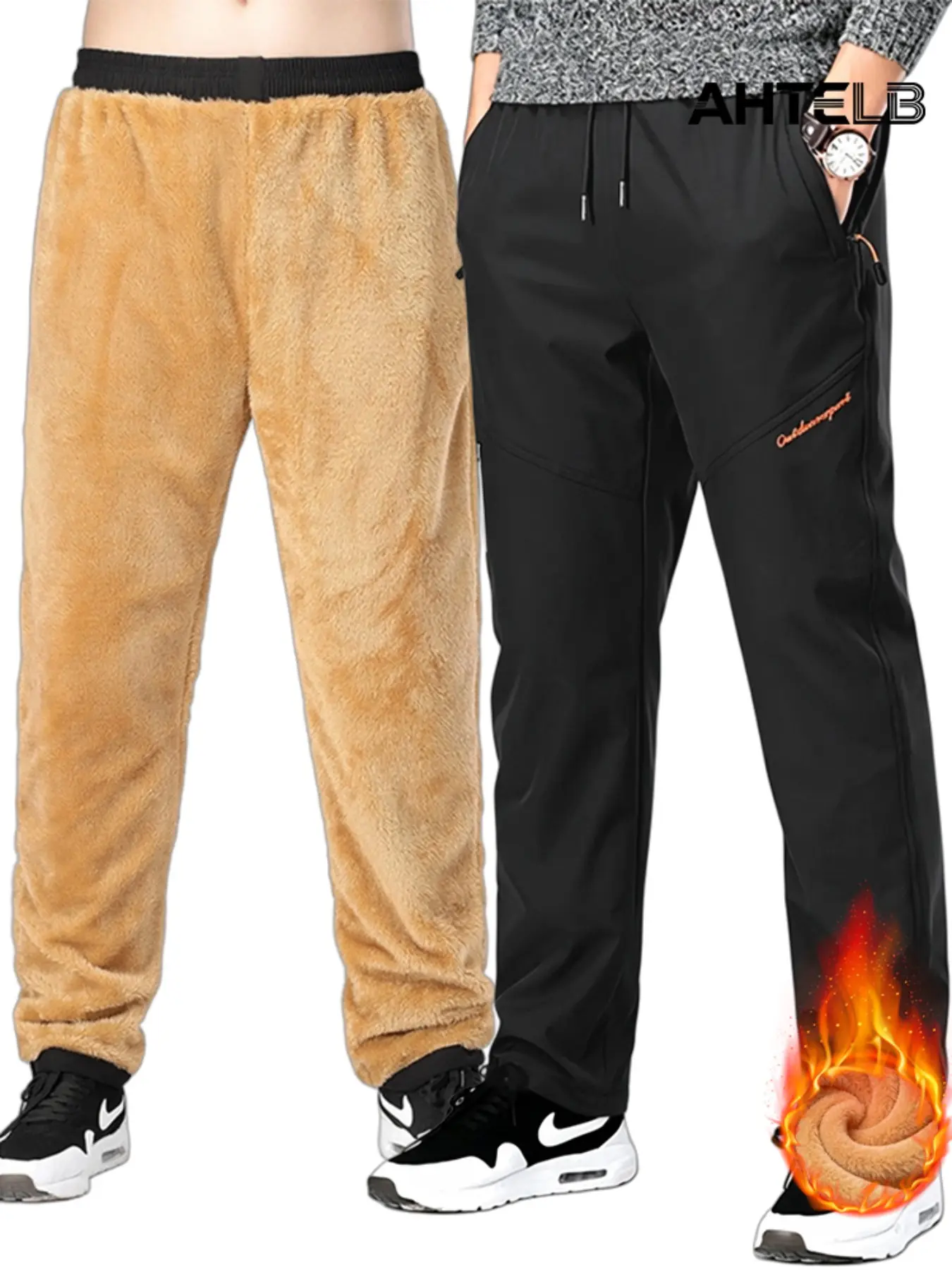 Men's Winter Thick Wool Lining Waterproof Hiking Pants, Windproof Snowproof Softshell, Durable Quick-Dry Outdoor Climbing Pants