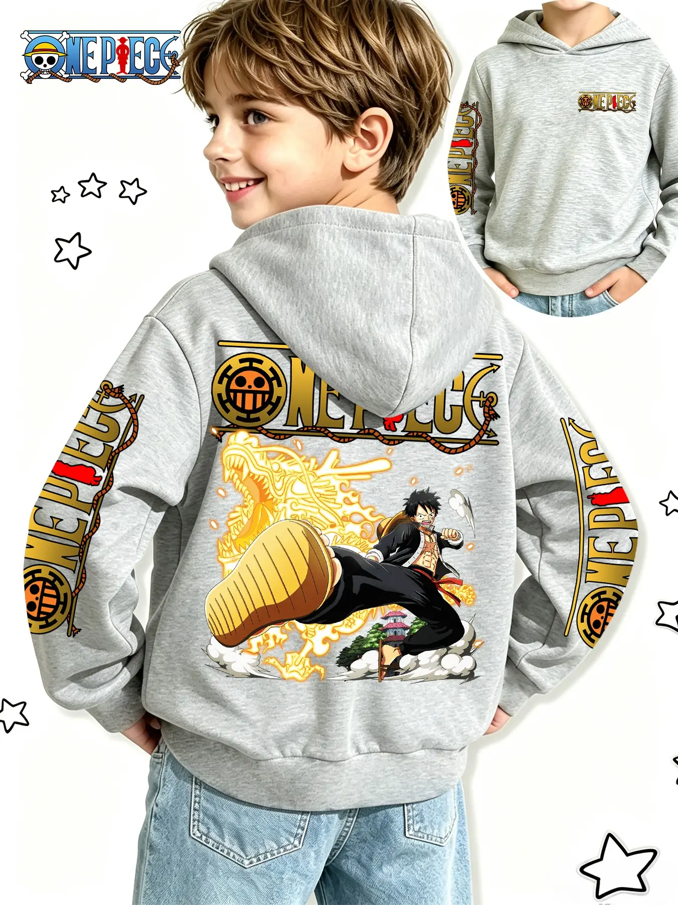 One Piece Official Boys' Anime Sweatshirt, Luffy Gold Dragon Fire Kick Print, Spring & Fall Casual Hoodie, Perfect for Gifts & Daily Wear