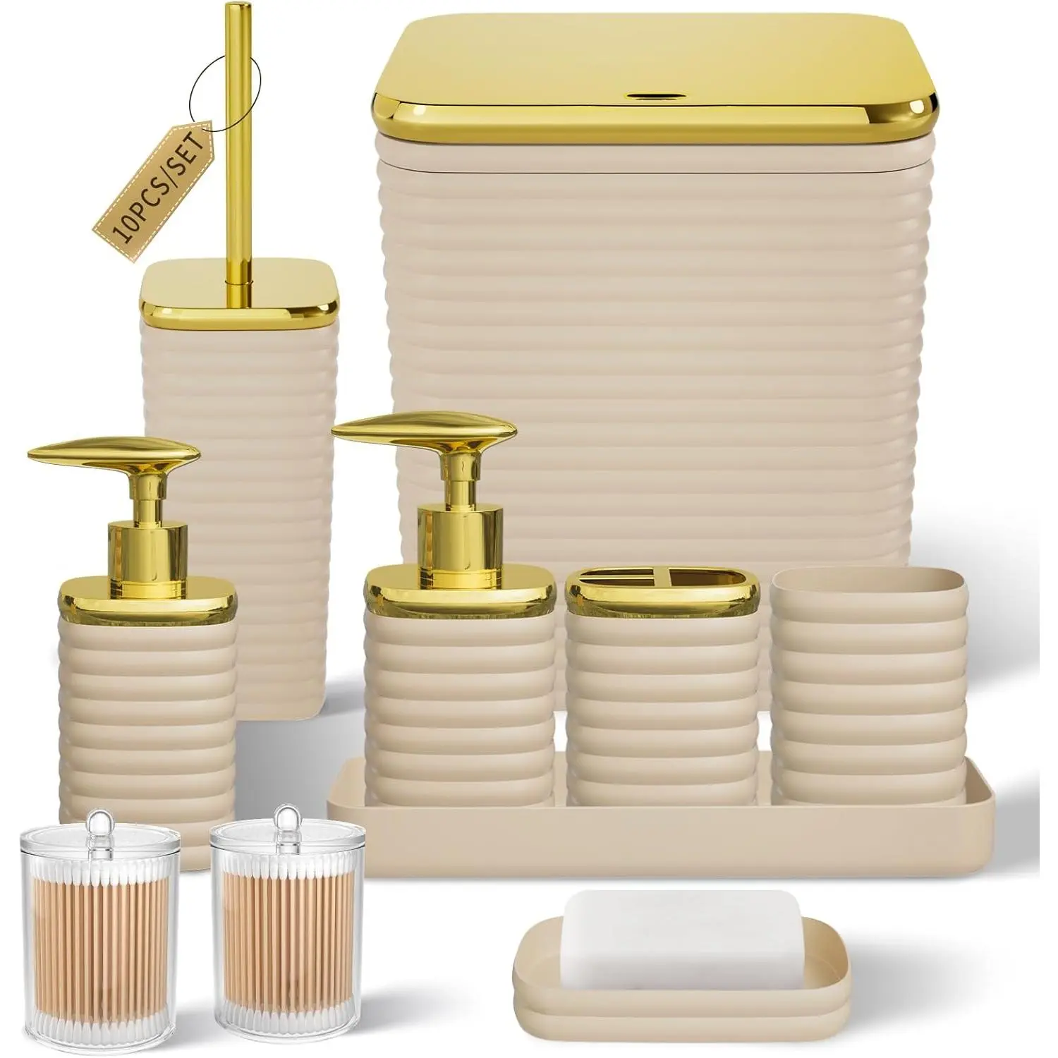 Bathroom Set - 10PC Bathroom Accessory Set, Beige Bathroom Set, Luxury Bathroom Accessories Set, Trash Can, Toilet Brush, Soap Dish, Qtip Holder & Soap Dispenser