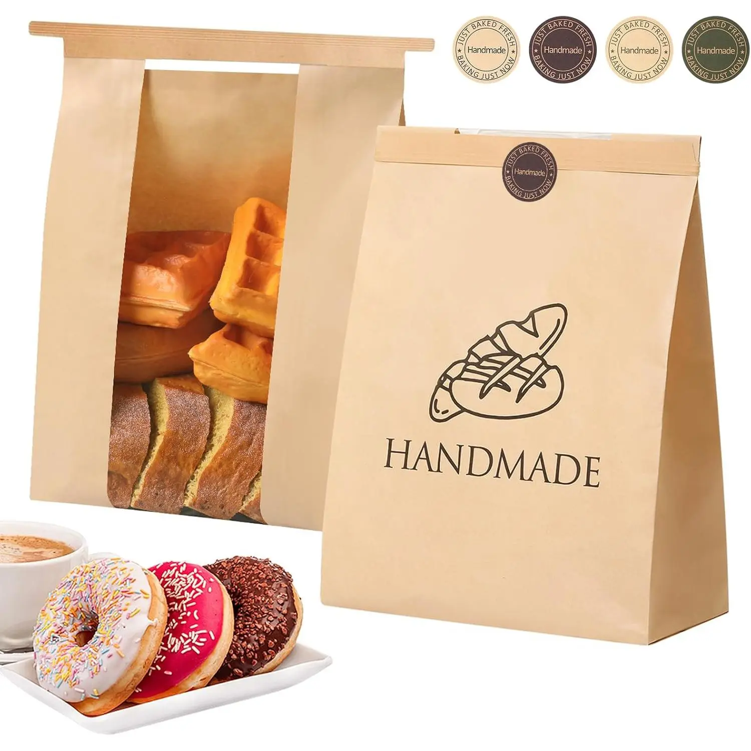 45 Pack Paper Bread Bags for Homemade Baking - Tin Tie Tab Lock Sourdough Bag, Large Loaf Packaging With Clear Window for Storage - 48 Label Seal Stickers for Bakery Use