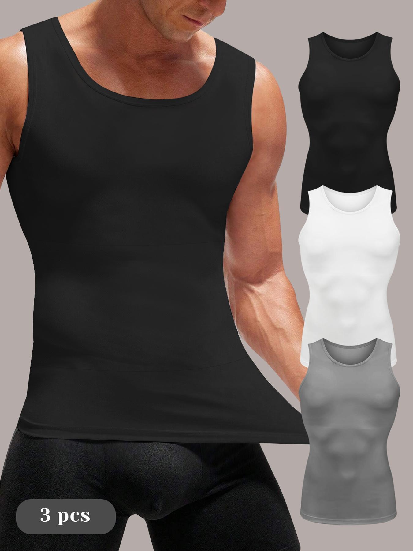 Men's Solid Round Neck Compression Shapewear Sleeveless Tank Top, High Stretch Tummy Control Shapewear Top, Double Hem Fit Shaper for Men
